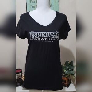 NEW Women's Espinoza's Leather Company Motorcycle Black V-Neck Fitted T-Shirt